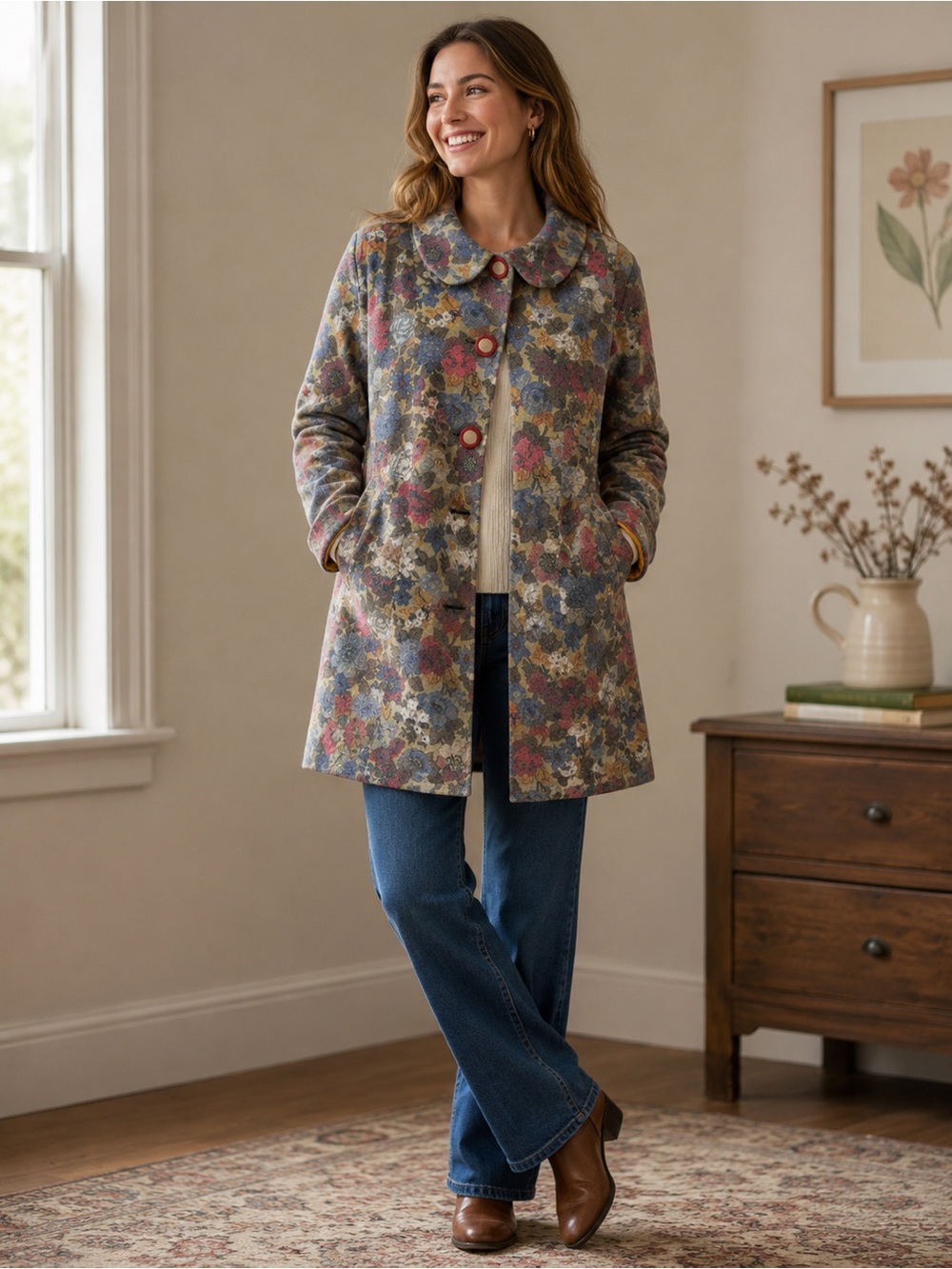 Anthropologie Field Flower Wool Floral Coat Women’s M Peter Pan Collar Jacket